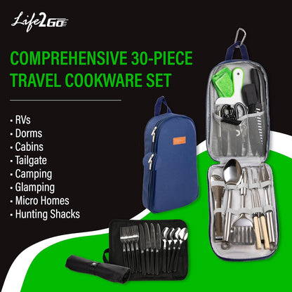 30 Pcs Camp Cooking Utensil Set & Outdoor Kitchen Gear Cookware Kit, Portable Compact Carry Case for Camping, Hiking, Travel, BBQ Grilling Stainless Steel Accessories Spoon & Fork, Navy