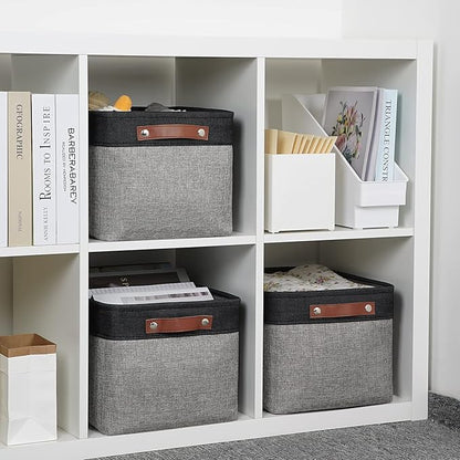 DULLEMELO Fabric Baskets for Storage, Rectangular Fabric Storage Bins Collapsible, Perfect for Shelves, Closets, Nursery, Empty Gift Baskets (3-Pack Medium-15 inch X 11 inch X 9.5 inch , Black&Grey)