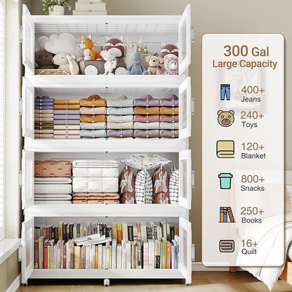 BROVIEW 900 Qt Stackable Storage Bin with Lid, 225Gal Extra Large Collapsible Storage Boxes, Folding Plastic Drawer, Heavy-Duty Store Cabinet, Closet Organizer for Home Kitchen, 3 Pack White