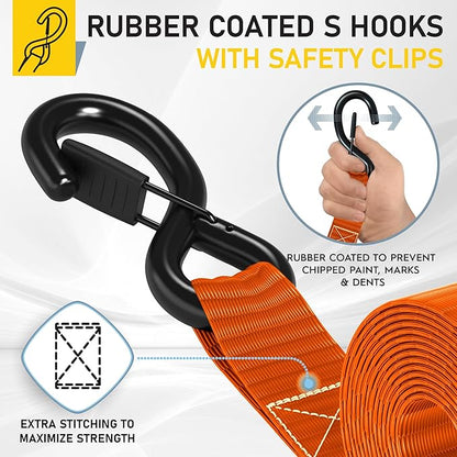 AUGO Heavy Duty Ratchet Straps & Soft Loops – Pack of 4 Extra Strong 1.5” by 15’ Ratchet Straps w/S-Hook Safety Latches & 4 Soft Loop Tie Downs – 4400Lb Break Strength for Motorcycles, ATVs, Etc.