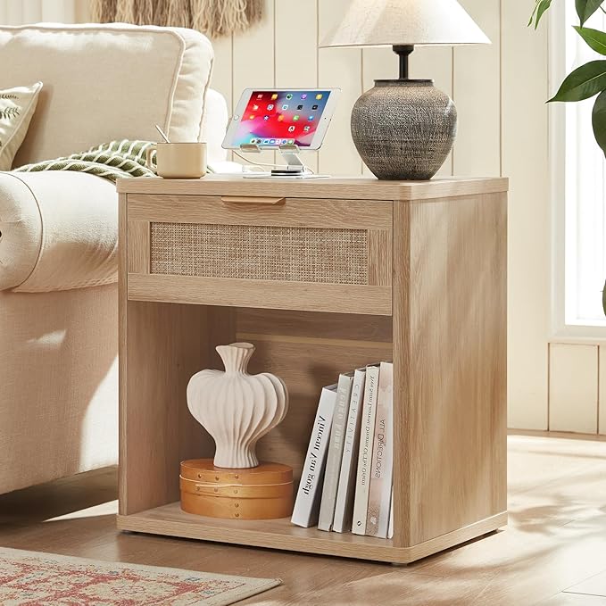 LEYAOYAO Rattan Nightstands Set of 2 with Charging Station, 23" Wide Boho Night Stand with Drawer, Natural Wood Bedside Table Open Cabinet, Bed Side End Table Dresser for Bedroom, Living Room, Hallway