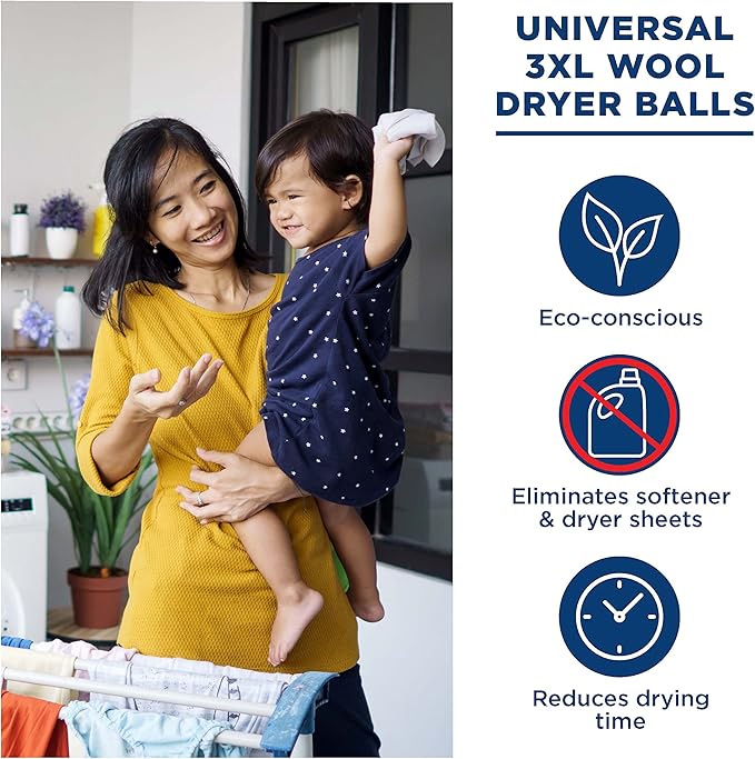 GE Appliances Wool Dryer Balls, XL Reusable Natural Fabric Softener Made of 100% Pure New Zealand Wool, Set of 3