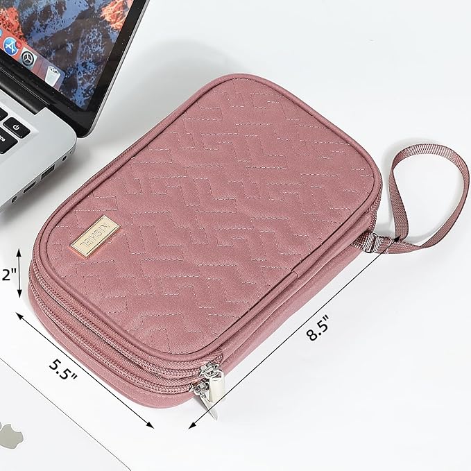 NISHEL Travel Cord Organizer Case, Double Layers Tech Electronic Bag, Essentials for Charger, Cable, Phone, Flash drive, Rose-wood Pink