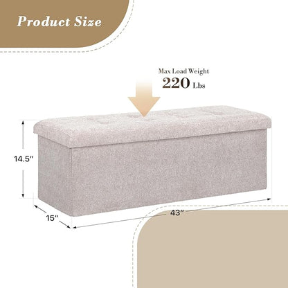 Athena Collection 43" Storage Ottoman Bench Folding Bench with 130L Hidden Storage, Large End of Bed Bench Linen Foot Rest Stool Chest with Flipping Lid for Living Room Bedroom Entryway, Sandy Beige