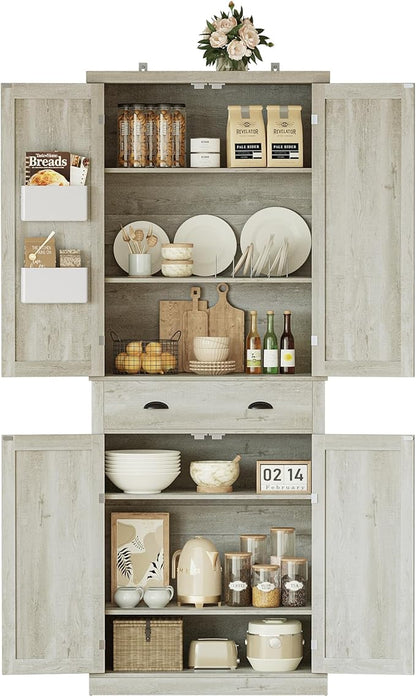 IRONCK Kitchen Pantry Storage Cabinet 83.9" H, with Barn Doors, Drawer, 4 Adjustable Shelves, Freestanding Cupboard for Dining Room Living Room, Laundry, Rustic Maple