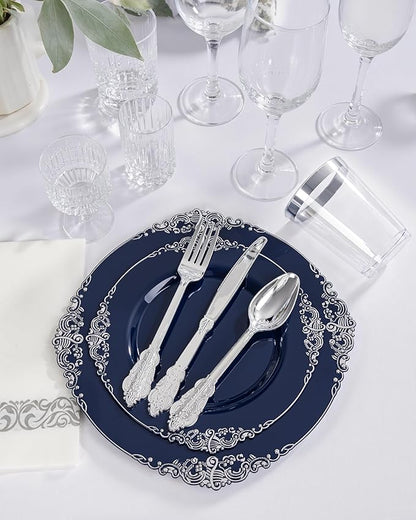 350 Pcs Blue Silver Plates for Graduation | Blue Party Plates Set for 50 Guests