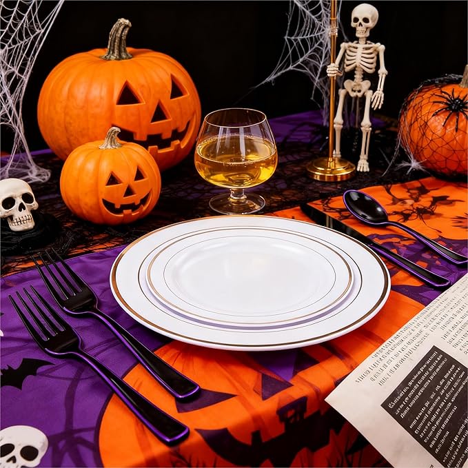 WDF 180 Pieces Black and Purple Halloween Plastic Silverware - Black Flatware Set Include 60 Forks, 60 Knives and 60 Spoons Heavy Duty Plastic Cutlery Purple Utensils for Halloween Party/Birthday