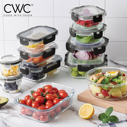 COOK WITH COLOR Premium 32-Pc. Borosilicate Glass Food Container Set with Dividers - 4 Rectangles, 8 Rounds, 4 Squares - Leakproof Lids - Meal Prep, Storage, Ombre Black