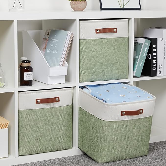 HNZIGE Foldable Storage Cubes & Baskets (3 Pack) - 13 Inch Storage Bin with Leather Handles for Toys, Clothes, Kids (White & Green)