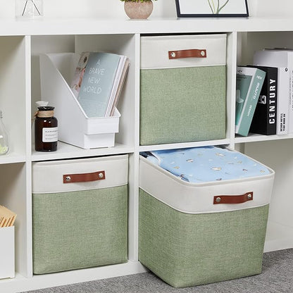 HNZIGE Foldable Storage Cubes & Baskets (3 Pack) - 13 Inch Storage Bin with Leather Handles for Toys, Clothes, Kids (White & Green)