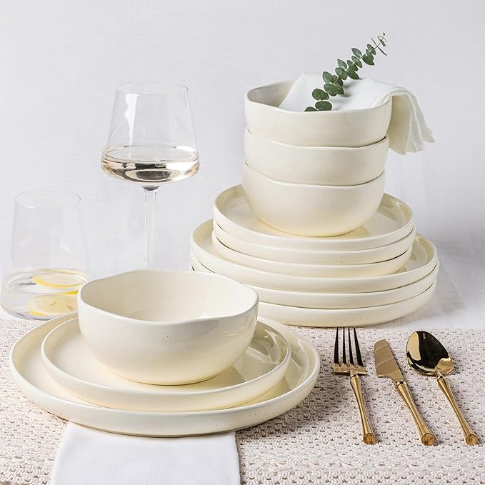 TheTerra Ceramic Dinnerware Sets for 4, 12 Pieces Porcelain Lightweight Plates and Bowls Sets, Scratch Resistant Dish Set, Oven & Microwave & Dishwasher Safe, Beige Speckled