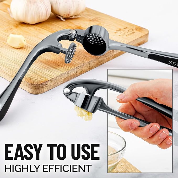 Zulay Kitchen Premium Garlic Press Set - Rust Proof & Dishwasher Safe Professional Garlic Mincer Tool - Easy-Squeeze, Easy-Clean with Soft, Ergonomic Handle - Silicone Garlic Peeler & Brush (Slate)