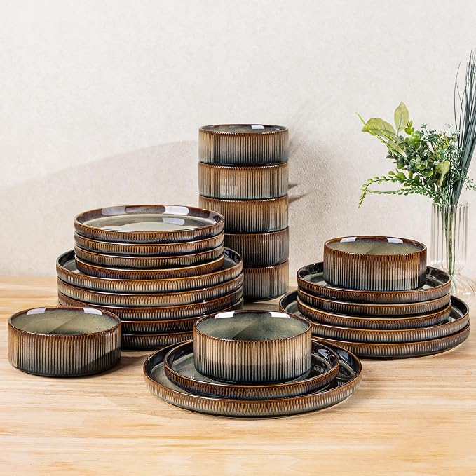 Ceramic Dinnerware Set for 8, 24-Piece Plates and Bowls Set | Lightweight