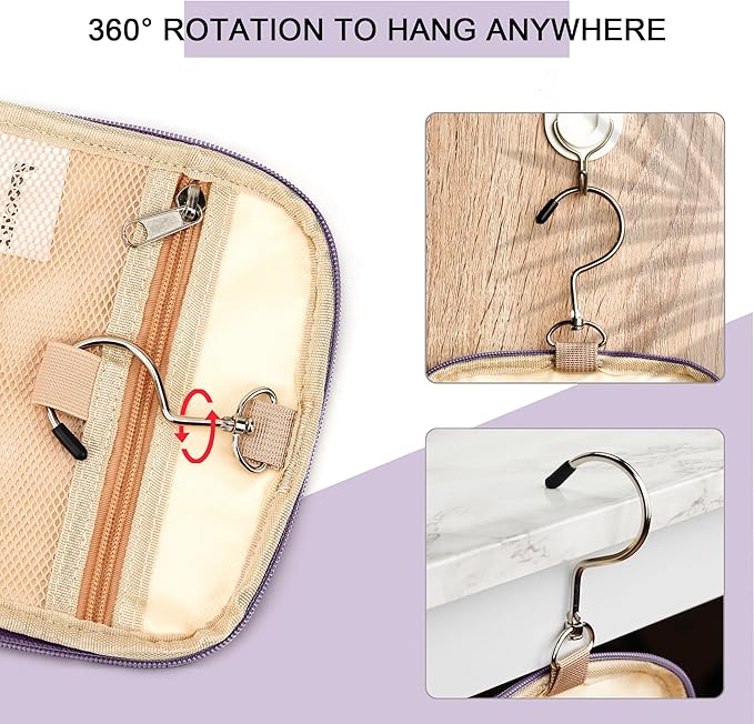 Travel Hanging Toiletry Bag for Women and Men, 6 Organizer Compartments, Holds Full Size Bottles, Extra Large Cosmetic Accessories, Makeup essentials, Bathroom Water-resistant Toiletries Bag, Purple