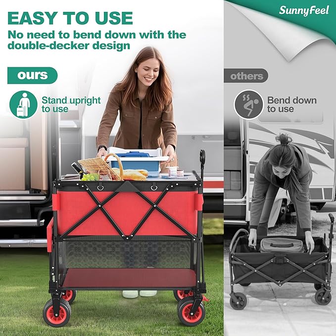 SUNNYFEEL Heavy Duty Collapsible Outdoor Utility Wagon Cart 500LB Capacity Adjustable Handlebar,Foldable Beach Wheels Stable Durable Oxford Fabric for Shopping Garden Camping (Red, Double Deck)