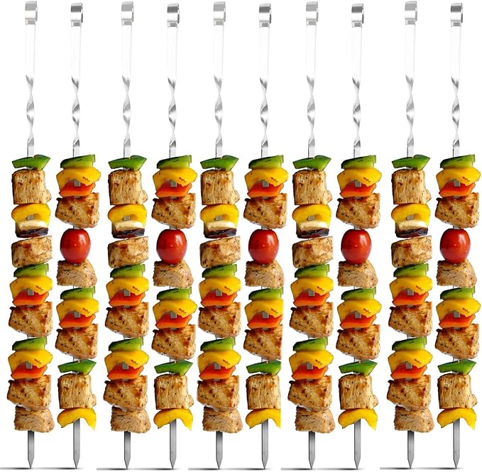 Antallcky 12 Pack Kebab Skewers BBQ Barbecue Skewers Stainless Steel Sticks 23.5 Inch Heavy Duty Large Wide Reusable with NonSlip Ring Handle Ideal for Shish kabob Chicken Shrimp angd Vegetables
