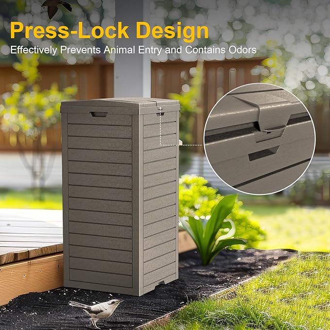 31-Gallon Outdoor Trash Can with lid, Waterproof, UV-Resistant Resin Garbage Can, Lockable Lid and Drip Tray, Animal-Proof, for Patio, Kitchen, Backyard and Deck