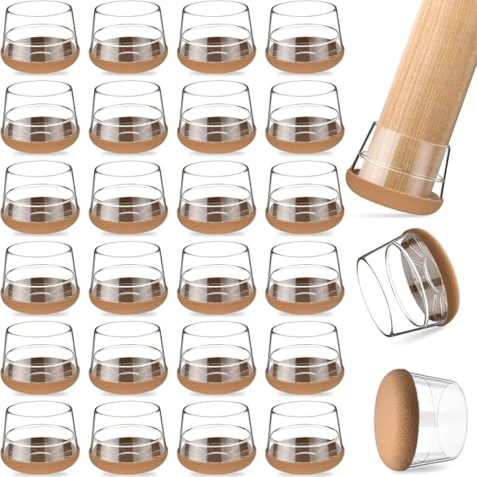 24 PCS Silicone & Felt Chair Leg Floor Protectors for Hardwood Floors - Furniture Pads, Chair Leg Covers/Cups - No Noise & Scratch-Proof - Round M (Fits 1"-1 3/16" / 24-30mm), Clear