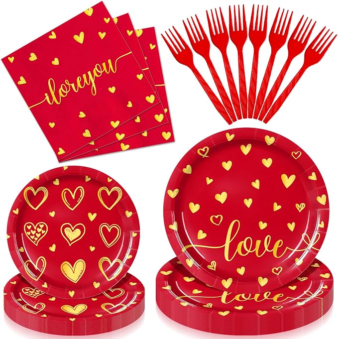 96 Pieces Valentine’s Day Love Tableware Set – Red and Gold Heart Disposable
