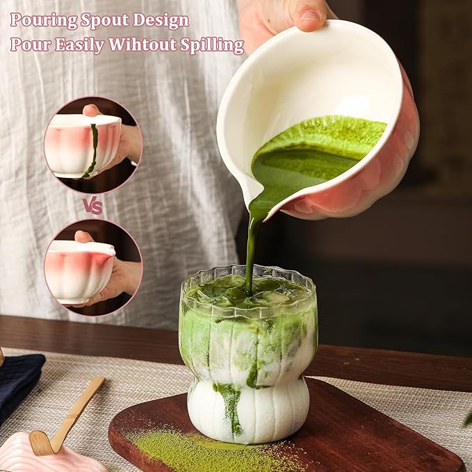 Matcha Whisk Set, 7-Pack Peach Pink Matcha Set - Include Petal Matcha Bowl with Spout, Bamboo Whisk, Chasen Holder, Sifter, Scoop, Tea Towel, Scoop Rest - Perfect Matcha Making Kit for Tea Lover