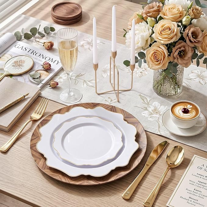 50PCS White and Gold Plastic Plates