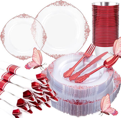 175 Pcs Clear Red Plates for Party | Red Party Plates Set for 25 Guests