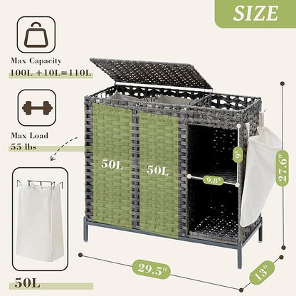 Laundry Hamper with Lid, 110L (29.1 Gal) Rattan Laundry Hamper 2 Section with 50L (13.2 Gal) Storage Shelf, Wicker Woven Laundry Sorter Basket with 3 Liner Bags and Handles, Gray GLH002G
