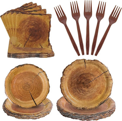 100 Pcs Disposable Rustic Wood Grain Slice Tableware Set
