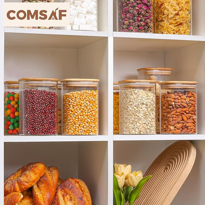 ComSaf 1.2 Qt Glass Storage Containers with Lids, Glass Jars with Lids, Clear Food Storage Jar, Square Canister Set of 9, Pantry Organizers and Storage for Cookie Flour Oat Pasta Tea Coffee Bean