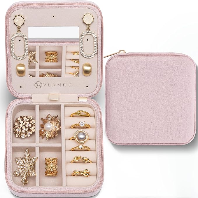 Vlando Velvet Travel Jewelry Case, Jewelry Travel Box for Women, Travel Jewelry Organizer, Small, Portable Jewelry Boxes with Mirror - Pink