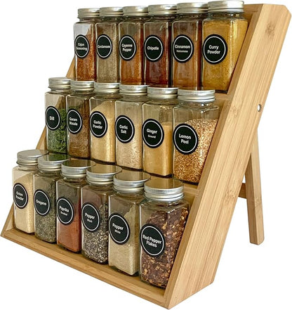 Bamboo Spice Rack and Organizer, 3-tier Seasoning Spice Jar Organizer, Excellent Tiered Wooden Spice Racks Free Standing for Cabinet Drawers and Countertop [Spice Jars Not Included]
