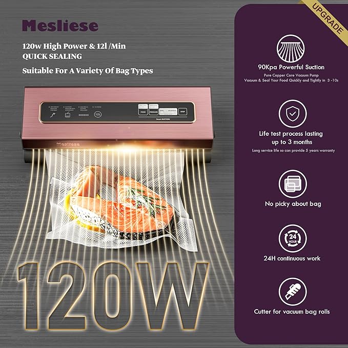 Mesliese Vacuum Sealer Machine Powerful 90Kpa Precision 6-in-1 Compact Vacuum Food Preservation System Built-in Cutter, 2 Bag Rolls & 5 Pre-cut Bags, Dry&Moist Modes Smart Suction, ETL Listed (Pink)