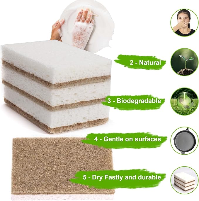 Natural Sponges for Dishes 12 Pack - Keep Soap Biodegradable Kitchen Sponge Compostable Coconut Scrubber - Eco Friendly Cleaning Sponges