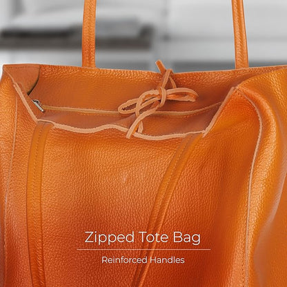 Italian Calf Leather Tote for Women with Zipper, Inner Pocket & Flat Base | Soft Unlined Shopper for Work & Travel