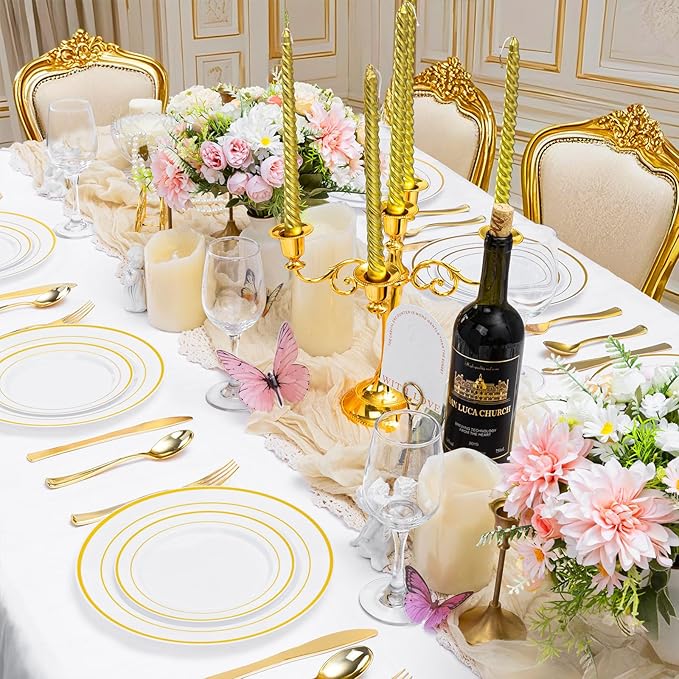 Supernal 102pcs White and Gold Plastic Plates Disaposable Party Plates White Gold Rim Heavy duty, Fancy Gold Plastic Dinnerware Set included 51 Dinner & Dessert Plates for Party,Birthday and Wedding