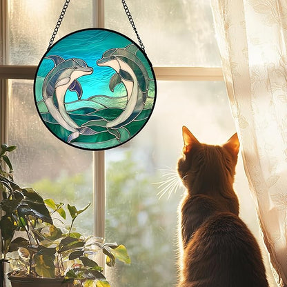 Stained Glass Window Hanging 4 Pcs Set Cyan Ocean Life Theme Large 15" - Sea Starfish Suncatcher Door Garden Sun Catcher Decor Birthday for Mom Woman Nana Men Friend