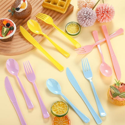 300 Pieces Pastel Plastic Silverware Heavy Duty Plastic Cutlery Set Heavyweight Disposable Utensils Includes Spoons Forks Knives for Birthday Wedding Dinner, Macaron Colors