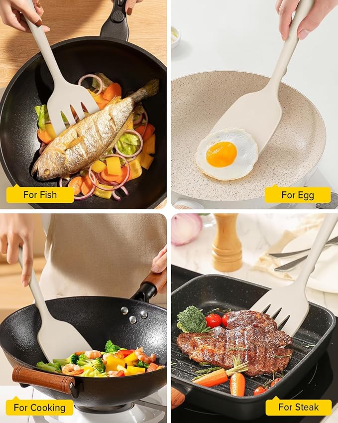 Pack of 2 Silicone Spatula Turners, Non Stick Slotted Kitchen Spatula Set, Heat Resistant BPA Free Kitchen Utensils, One-Piece Design, Suitable for Flipping Fish, Eggs, Steak, Pancakes(KHAKI)