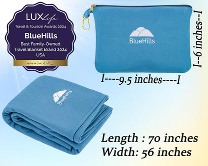 BlueHills Travel Blanket Pillow Compact Lightweight Pocket Size Airplane Traveling Essential Flight Trip Throw in Bag Portable Case Plane Accessory Teal Blue L03