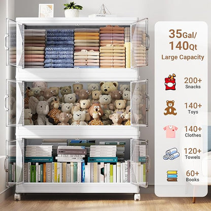 175Gal Plastic Stackable Storage Bins with Lid, 700QT Extra Large Closet Organizers Collapsible Cabinets Boxes With Drawers, Foldable Containers with 4x Wheels for Home Kitchen, V60 5Pack White