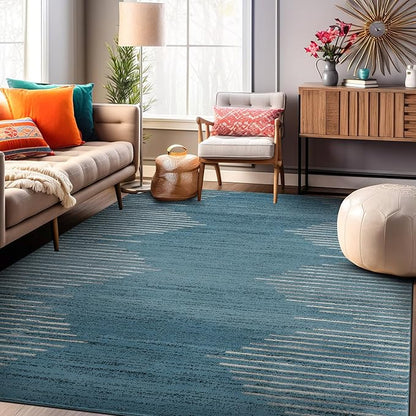 Rugshop Bohemian Stripe Stain Resistant High Traffic Living Room Kitchen Bedroom Dining Home Office Area Rug 7'10" x 10' Blue