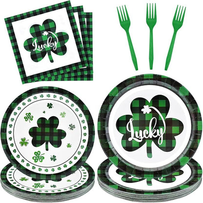 96 Pieces St. Patrick’s Day Tableware Set – Green and Black Plaid Shamrock
