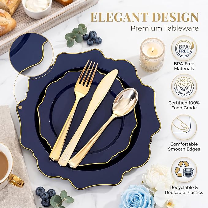 50PCS Navy Blue Disposable Plates Fancy Blue Plates