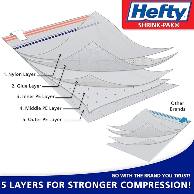 Hefty Shrink-Pak Vacuum Storage Bags – For Clothes, Pillows, Towels, Blankets & More – Space Saver Vacuum Suction Sealer Bags for Home or Travel – 4 Jumbo Cubes, 43.5 x 34 x 18 Inches