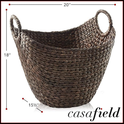 Casafield Large Laundry Boat Basket with Handles - Espresso, Woven Water Hyacinth Multipurpose Storage Organizer for Throw Blankets, Bathroom, Bedroom, Living Room