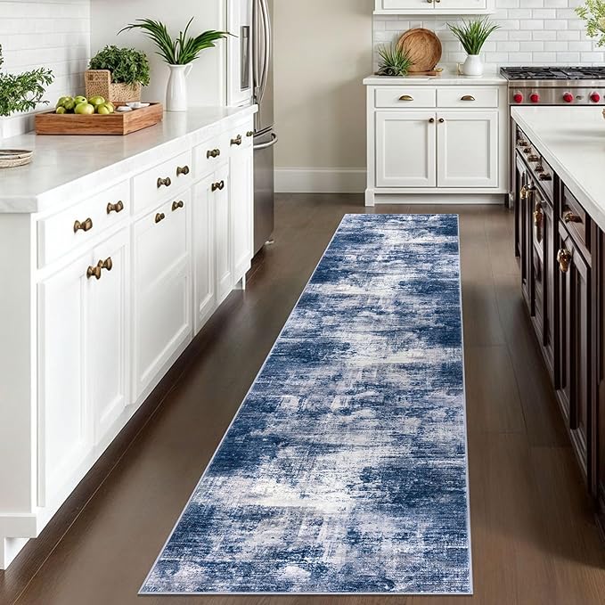 IOHOUZE Abstract Runner Rug 2x10 Ft Washable Runners for Hallways, Non Slip Kitchen Runner Printed Faux Wool Entryway Runner Indoor, Modern Abstract Floor Carpet for Hall Kitchen, Navy/Grey