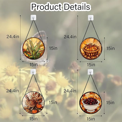Stained Glass Window Hanging 4 Pcs Set Brown Turkey Berry Corn Large 15" - Suncatcher Door Garden Sun Catcher Decor Birthday Thanksgiving Mother's Day for Mom Woman Nana Men