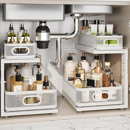 2 Pack Under Sink Organizer With Next-Gen Ball-Bearing Slides,2-Tier Precision Mesh Pull Out Cabinet Drawers Storage for Bathroom&Kitchen,Height Adjustable Shelf,Rust-resistant-Patent Pending