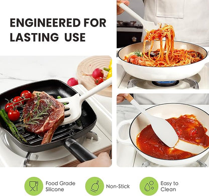 Large Silicone Cooking Utensils Set 7 Pcs, Wooden Handles Heat Resistant Spatula Set, Food Grade Silicone Kitchen Utensils Set with Holder, Gadgets BPA Free for Non-Stick Cookware