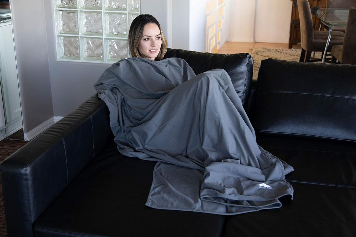 BlueHills Ultra Compact Travel Blanket Pillow in Portable Bag Case Soft 70 X 56 with Strap Backpack Clip Premium Cozy Soft Compact Pack Large Blanket for Airplane Flight Layover Grey - Gray C002